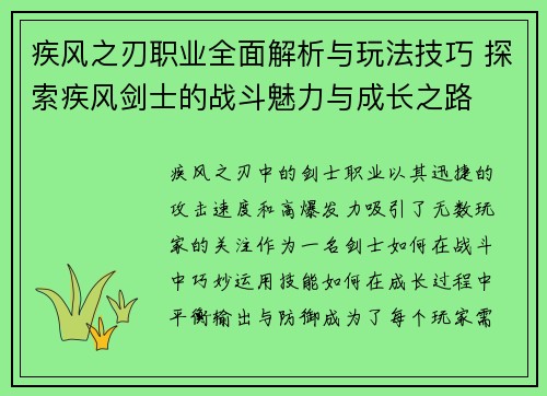 疾风之刃职业全面解析与玩法技巧 探索疾风剑士的战斗魅力与成长之路