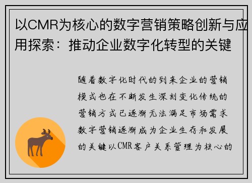 以CMR为核心的数字营销策略创新与应用探索：推动企业数字化转型的关键路径